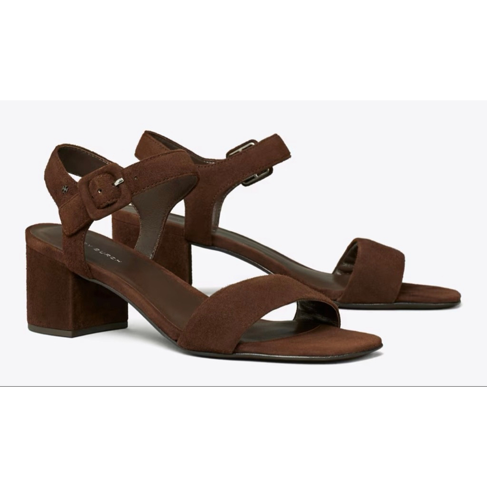 NWT Tory Burch Double T City Suede Heeled Sandals in 7 Dark Coco